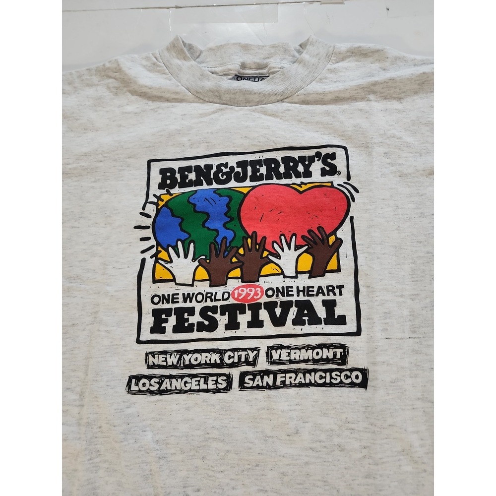 Vtg 1993 Ben Jerry's One World One Heart Festival Shirt L Oneita USA Deadstock